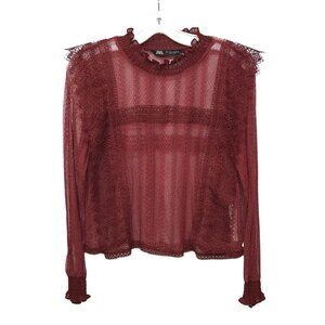 Zara Sheer Lace Blouse S Smocked Ruffle Burgundy Red Boho Romantic Whimsigoth
